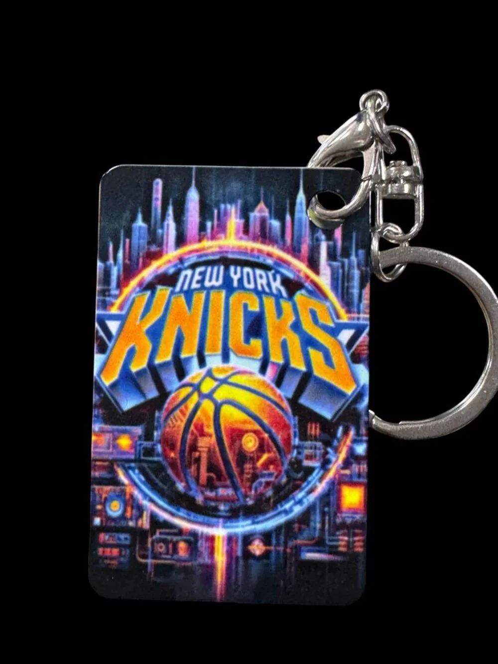 New York Knicks Keychain, Metal, Neon City Skyline Graphic, Lobster Clasp with S